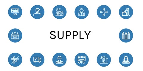 Set of supply icons such as Air conditioner, Painter, Nuclear power, Pipe, Storage tank, Construction, Plumber, Battery, Color pencils , supply