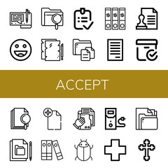 Set of accept icons such as File, Ok, Done, Stamp, Checked box, Files, Tick, Case data, Cross , accept