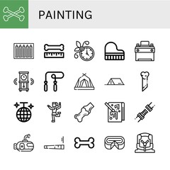 Set of painting icons such as Bones, Color pencils, Bone, Wall clock, Grand piano, Car battery, Skipping rope, Tent, Disco ball, Traditional dance, Joint, Painting , painting