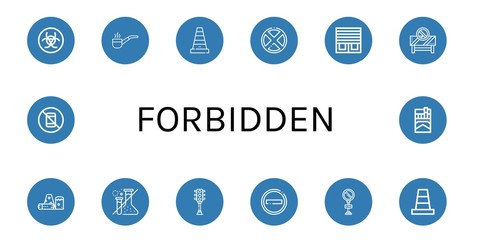 Set of forbidden icons such as Biohazard, Smoking pipe, Cone, Forbidden, Blinds, Barrier, Obstacle, Traffic light, No entry, No parking, No pictures, Cigarette , forbidden