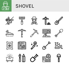 Set of shovel icons such as Gardener, Construction, Rake, Mining, Shovel, Sandbox, Pickaxe, Seeds, Agriculture, Blower, Bulldozer, Mine, Paint tools, Hoe , shovel
