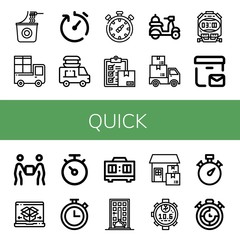 Set of quick icons such as Instant noodles, Delivery, Delivery time, Food delivery, Chronometer, Stopwatch, Postal Shipping and Timer , quick