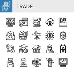 Set of trade icons such as Exchange, Bitcoin, Currency, Analysis, Shelf, Cryptocurrency, Broker, Poster, Exhibition, Marketing director , trade