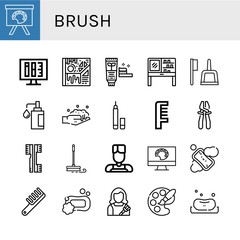 Set of brush icons such as Painting palette, Ink level, Art, Toothpaste, Dressing table, Brush, Soap, Washing, Eyeliner, Comb, Plier, Brushes, Mop, Barber, Housekeeper , brush