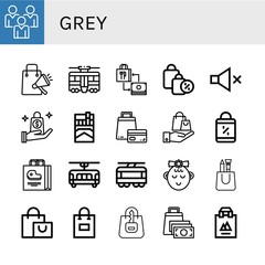 Set of grey icons such as Social media, Shopping bag, Tram, Mute, Cigarette, Girl , grey