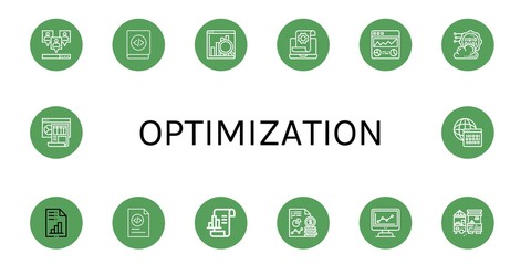 Set of optimization icons such as Viral, Coding, Web analytics, Development, Programming, Analytics, Marketing, Market, Dashboard, Binary code , optimization
