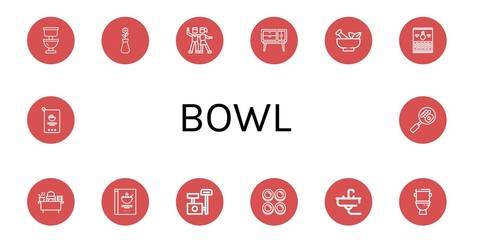 Set of bowl icons such as Toilet, Vase, Salsa, Buffet, Mortar, Onion rings, Cereals, Scratching post, Curd, Sink, Mayonnaise , bowl