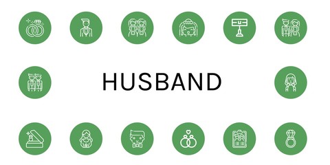 Set of husband icons such as Wedding ring, Groom, Brides, Bride, Home team, Guest list , husband