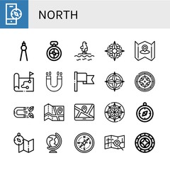 Set of north icons such as Compass, Penguin, Map, Magnet, Flag, World, Windrose , north