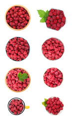 Set of fresh sweet raspberries on white background, top view