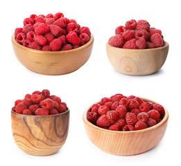 Set of fresh sweet raspberries on white background