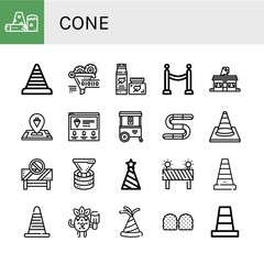 Set of cone icons such as Obstacle, Cone, Funnel, Cream, Barrier, Ice cream shop, Ice cream, Ice cart, Gummy, Traffic cone, Party hat, Popsicle ,