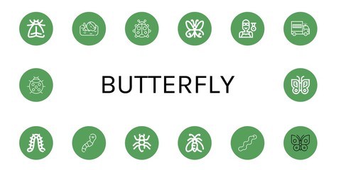 Set of butterfly icons such as Moth, Swimmer, Ladybug, Butterfly, Prisoner transport vehicle, Caterpillar, Worm, Ant , butterfly