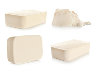 Set of delicious cheese on white background