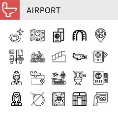 Set of airport icons such as Wc, Travel, Passport, Stairs, Airport, Restroom, Skytrain, Small plane, Air hostess, Flight attendant, No bomb, Spellbook, Flat arch greenhouse , airport