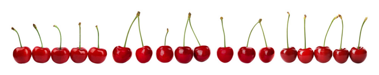 Set of delicious ripe sweet cherries on white background. Banner design