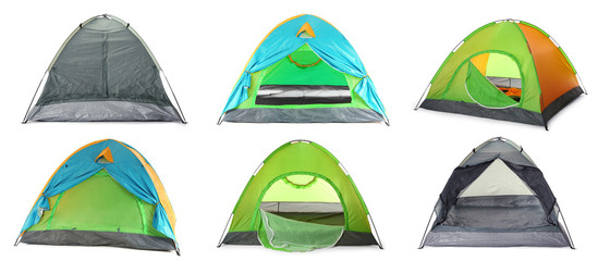 Set of different comfortable camping tents on white background