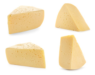Set of delicious cheese on white background