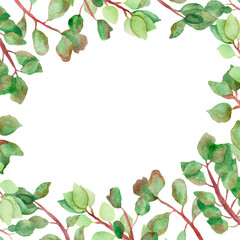 Watercolor, hand painted, frame of branches, with green leaves. Autumn illustration for beautiful holiday invitation design, greeting cards, with space for text.