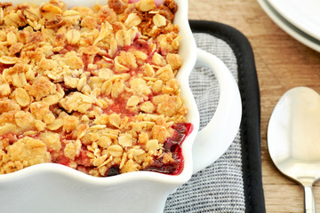 Raspberry blueberry crumble closeup