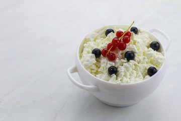 Bowl with cottage cheese and fresh berries on light background