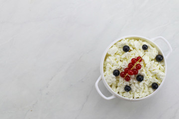 Bowl with cottage cheese and fresh berries on light background