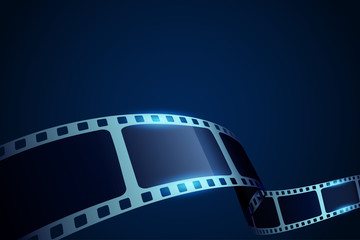 Realistic 3d Film reel stripe cinema on blue background with place for text. Modern 3d isometric film strip in perspective. Vector cinema festival. Movie template for backdrop, brochure, leaflet.