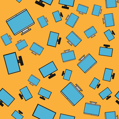 Seamless pattern, texture of modern digital rectangular lcd liquid crystal ice LED ips widescreen frameless monitors, screens, technology isolated on a yellow background. Vector illustration