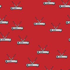 Seamless pattern, texture of modern powerful digital wireless white wi-fi routers, modems for the Internet, technology isolated on a red background