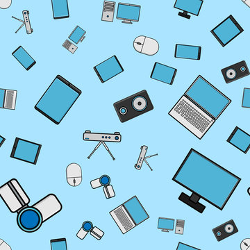 Seamless pattern, texture from modern digital devices, gadgets, tablets, smartphones, mice, speakers, monitors, laptops, routers for internet, computer equipment on a blue background. Vector