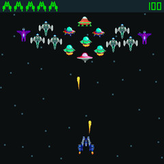 Retro video game, screen, arcade space warships, shooting, background map, vector graphic design illustration. 16 bit, 8 bit . Space place. Battles under the stars. Old computer games.