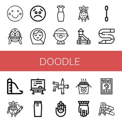 Set of doodle icons such as Smile, Faberge, Sad, Baby girl, Pencil dress, Gangsta, Slide, Cotton swab, Drawing, Chalkboard, Pencil skirt, Hip hop, Hamsa, Noodles, Question , doodle