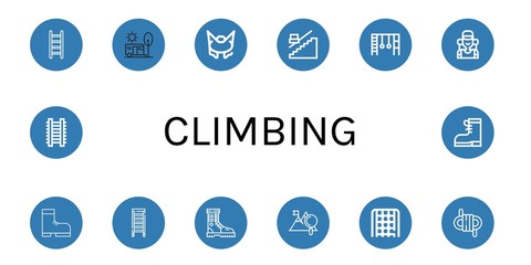 Set of climbing icons such as Ladder, Camping, Bungee jumping, Stair, Monkey bars, Climber, Boot, Mountain, Rope ladder, Rope, Boots , climbing