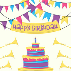 Happy birthday cake and ribbon party on white background