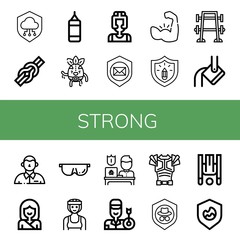 Set of strong icons such as Shield, Knot, Punching bag, Wrestler, Boxer, Muscle, Protection, Bench press, Heavy, Defendant, Karate, Protective, Archer, Armor, Inversion therapy , strong