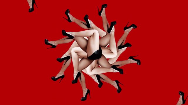 Woman's legs, black high heel shoes. Art collage, motion design. Red background.