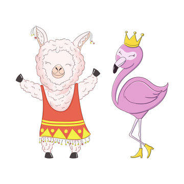 Cute cartoon llama girl alpaca and flamingo vector graphic design. Happy llama character