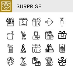 Set of surprise icons such as Bow, Gift, Wedding gift, Magician, Disco, Firecracker, Party hat, Confetti , surprise