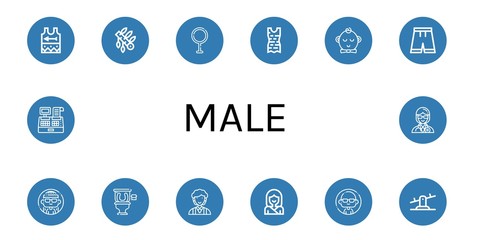 Set of male icons such as Singlet, Headdress, Transvestite, Clothes, Boy, Short, Woman, Restroom, Clerk, Karate, Man, Seesaw, Cashier, Doctor , male