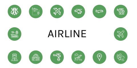 Set of airline icons such as Fly, Airport, Airplane, Helicopter, Hostess, Boarding pass, Plane , airline