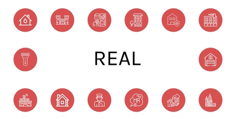 Set of real icons such as House, Fortress, Real estate, Apartment, Clean house, Hotel, Building, Wooden house, Doorman, Mr, Home, Skyscraper, Scraper, Garage , real