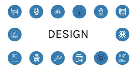 Set of design icons such as Office, Dreamcatcher, Taxi, Tree, Manager, Book, Door, Shopping cart, Axe, Faucet, Yen, Itinerary, Turn, Pheidole , design