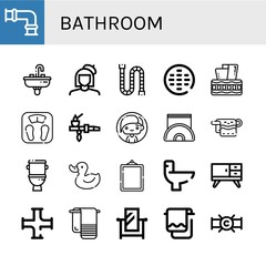 Set of bathroom icons such as Pipe, Sink, Painter, Sewer, Tissue box, Bathroom scale, Woman, Napkin holder, Towel, Toilet, Duck, Mirror, Wc, Furniture , bathroom