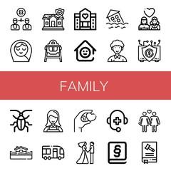 Set of family icons such as Disagreement, Baby girl, Insurance, Feeding chair, Hospice, Laugh room, Flood, Community, Lesbian, Cockroach, Nanny, Minibus, Give, Couple , family