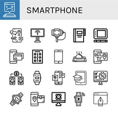 Set of smartphone icons such as Mobile, Smartphone, Computer, Selfie stick, Contacts, Graphic tablet, Tablets, Smartwatch, Tablet , smartphone