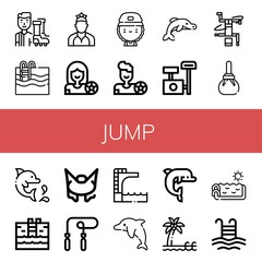 Set of jump icons such as Football player, Swimming pool, Dancer, Skater, Dolphin, Scratching post, Breakdance, Compress, Bungee jumping, Skipping rope, Trampoline, Pool , jump