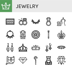 Set of jewelry icons such as Crown, Bracelet, Wedding rings, Necklace, Wedding ring, Bride dress, Crystal, Sceptre, Earrings, Hand bag, Diamond, King , jewelry