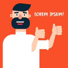 Fototapeta na wymiar Illustration poster of a guy showing thumb up gesture. The concept of advertising. Place for text. Cartoon character man with a beard. Web site design.