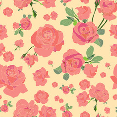 Coral roses on pale yellow, seamless pattern