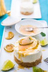Mojito  cheesecake with rum  and lime syrup, on a rectangualr plate ,flatlay,topview
